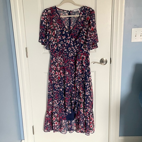 Calvin Klein Blue Pink Floral Faux Wrap Midi Dress 35458 - Picture 1 of 14